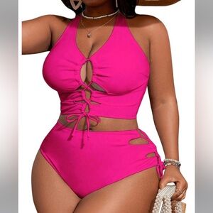 SOLY HUX Women's Pink Tummy Control Ruched High Waist 2 Piece Swimsuit Size: 1XL